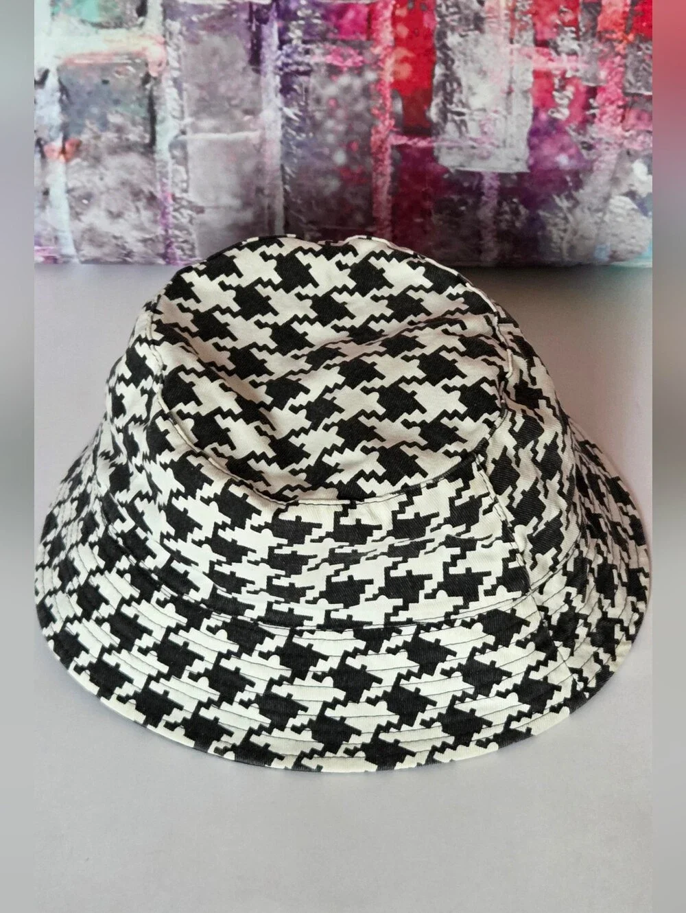 Ed Hardy Black & White Houndstooth Bucket Hat with Skull Patch